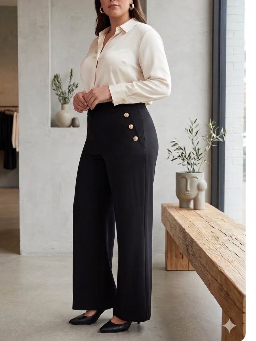 Karl Lagerfeld Black Wide-Leg Pants with Gold Buttons